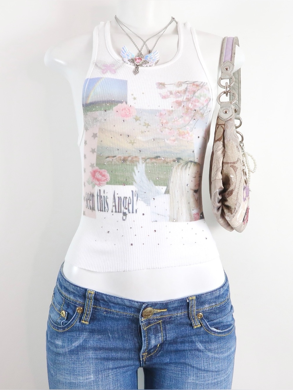 y2k angel graphic rhinestone tank top